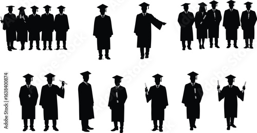 Graduation silhouettes of male students in caps and gowns, holding diplomas, celebrating academic achievement and success, vector illustration for education, ceremony, and commencement events