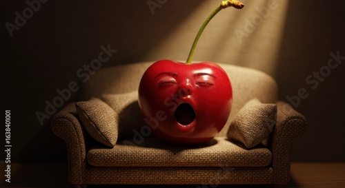 A red cherry with a face sits on a miniature couch, yawning in a dimly lit room.