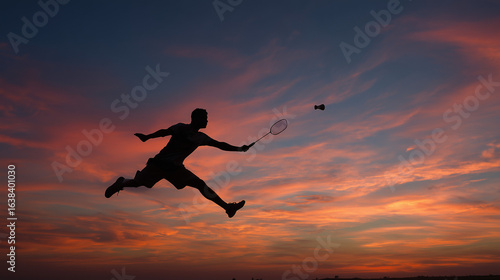 Wallpaper Mural Silhouette of a player diving for shuttlecock against sunset sky Torontodigital.ca