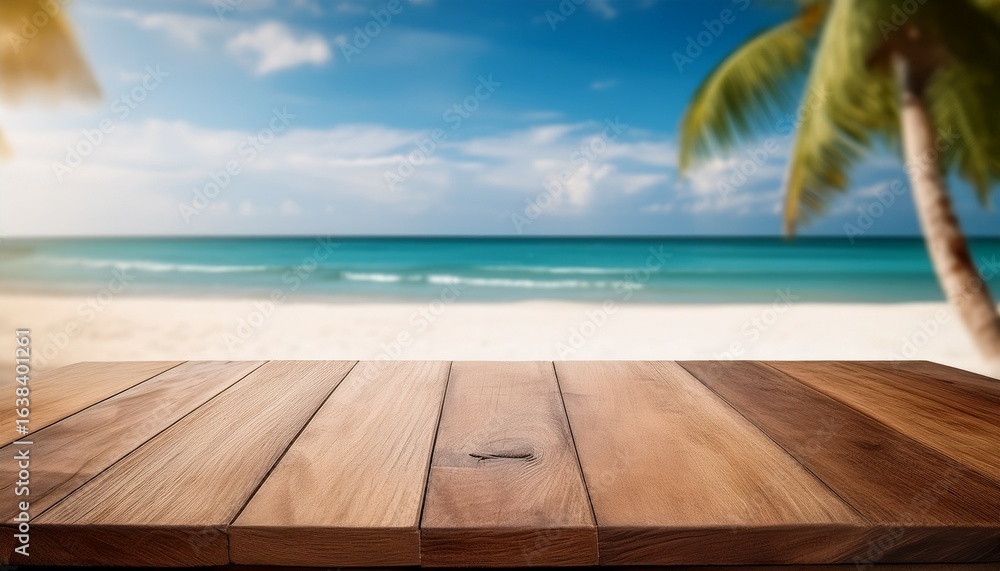 Fototapeta premium empty wooden table for product display on sea beach blurred background ai generative