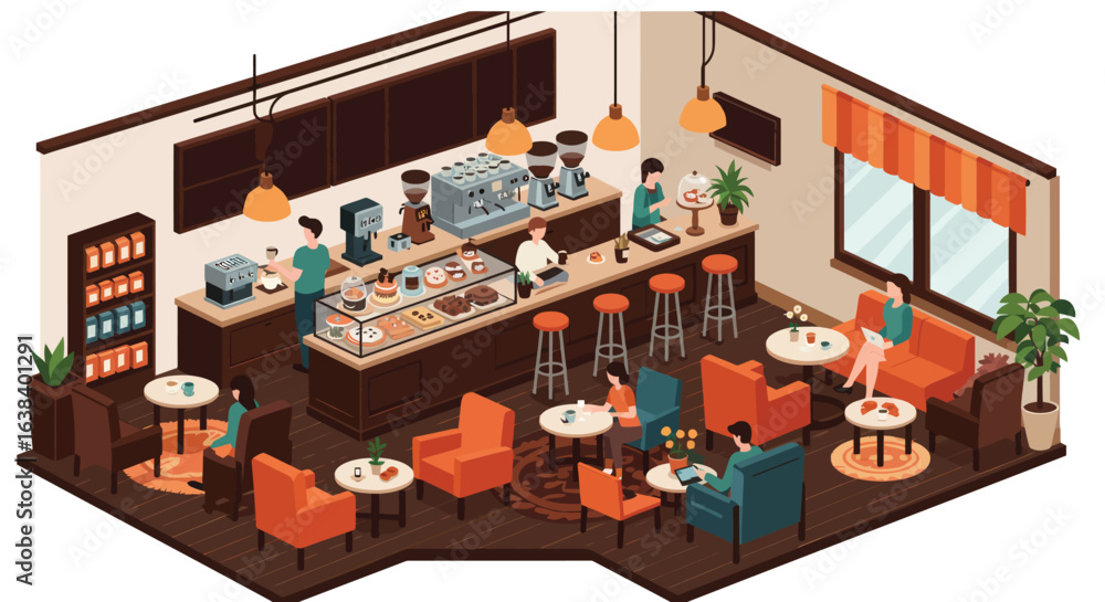 Obraz premium Cozy Isometric Vector Coffee Shop Interior with Patrons and Brown Hues