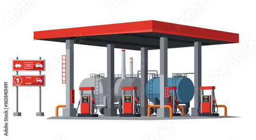 Stylized flat vector illustration of a vibrant fuel station for trucks