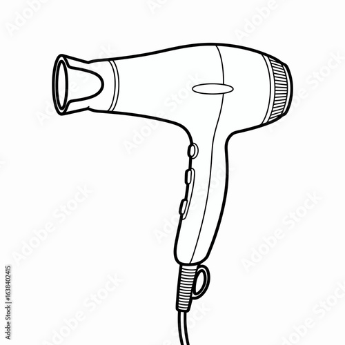 hairdryer, blowdryer, styling, beauty, salon, haircare, personal, grooming, appliance, tool, electric, handheld, nozzle, hotair, heat, fan, motor, switch, corded, design, sketch, lineart, blackwhite, 