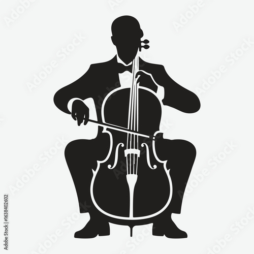 a black silhouette of a person playing the cello