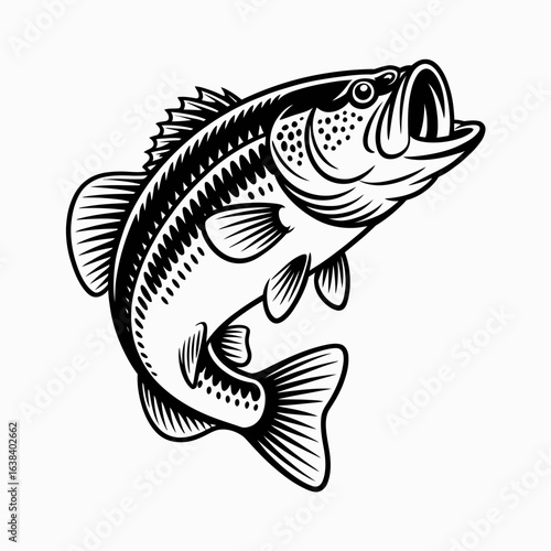 bass, fish, largemouth, fishing, angler, freshwater, illustration, catch, trophy, bait, lure, rod, reel, sportfishing, outdoor, wildlife, hook, striped, aquatic, lake, river, fisherman, nature, detail