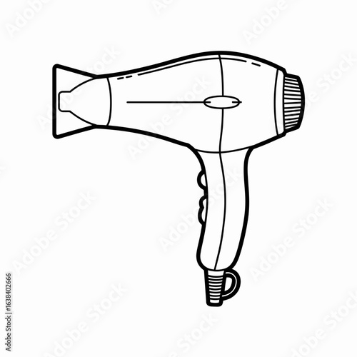 hairdryer, blowdryer, styling, beauty, salon, haircare, personal, grooming, appliance, tool, electric, handheld, nozzle, hotair, heat, fan, motor, switch, corded, design, sketch, lineart, blackwhite, 