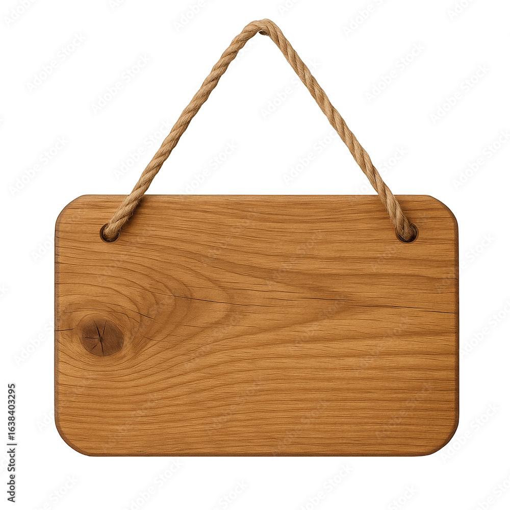 Fototapeta premium Rustic Wooden Sign with Natural Rope Hanger Displaying Wood Grain Texture and Knot Detail