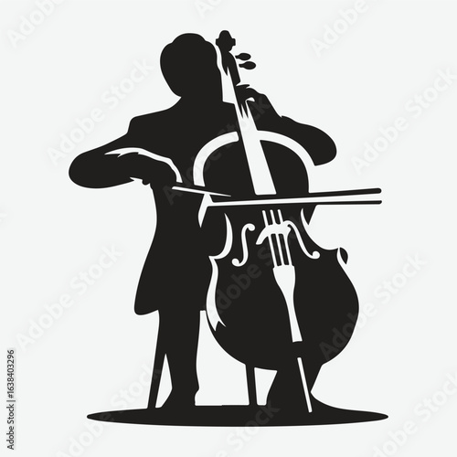 a black silhouette of a person playing the cello