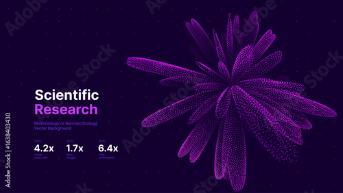 Digital Cell Structure With Glowing Particles. Microbiology, Biotechnology Or Medical Scientific Research Visuals In Futuristic Purple Tones. Vector Illustration.