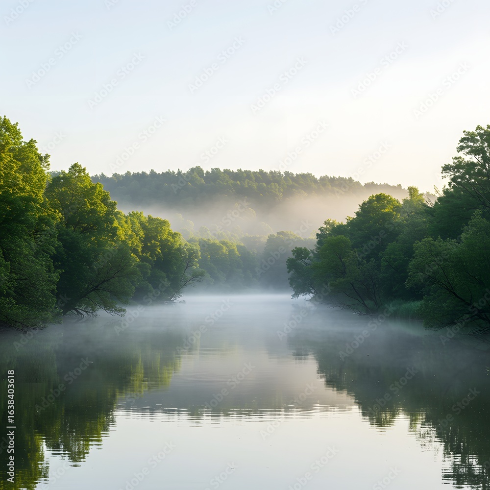 Obraz premium A misty river scene with lush green trees reflected in the calm water, evoking a sense of tranquility