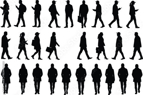 Silhouettes of people walking and standing, male and female figures in motion, urban pedestrians with bags and phones, vector set of human poses