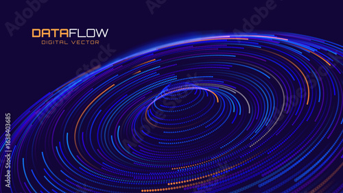 Fintech Big Data Visualization. Abstract Digital Circles of Particles. Futuristic Circular Sound Wave. 3D Virtual Space VR Cyberspace. Crypto Currency Blockchain Concept. Vector Illustration.