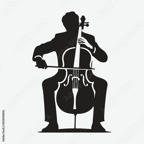 a black silhouette of a person playing the cello