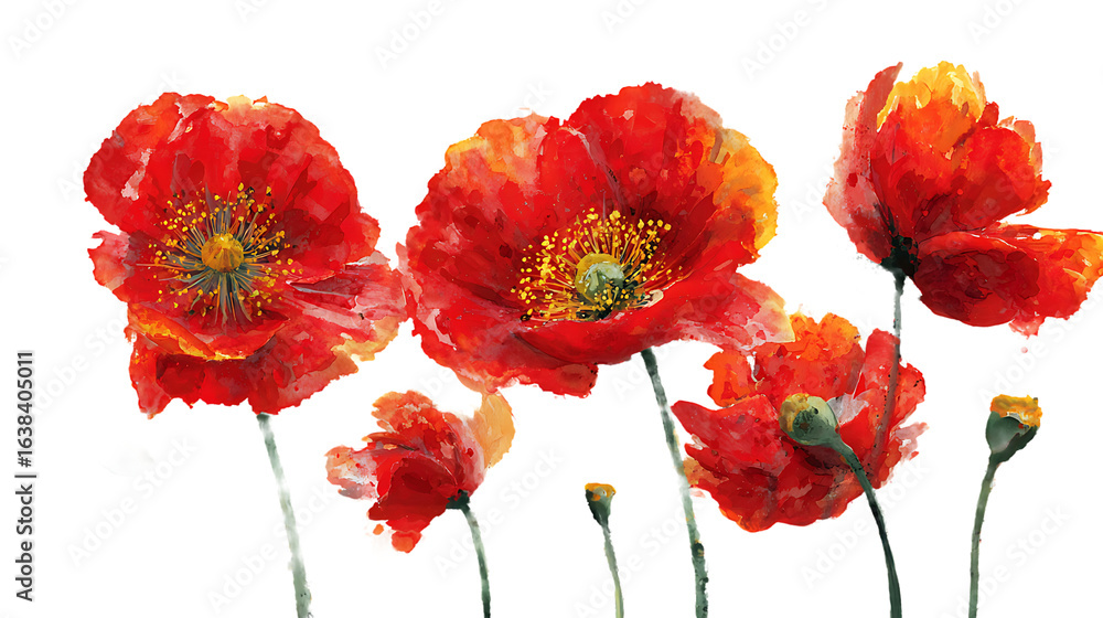Obraz premium Vibrant red poppies with delicate petals and dark centers isolated on a transparent background isolated on transparent background