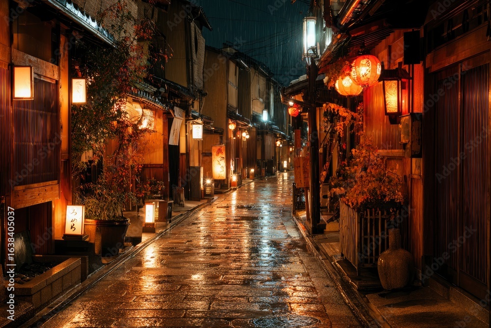 Fototapeta premium Nighttime street in Japan wet cobblestone reflects warm lantern light buildings line the narrow path
