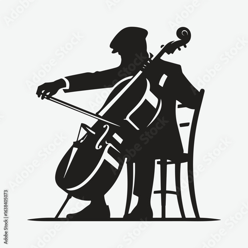 a black silhouette of a person playing the cello