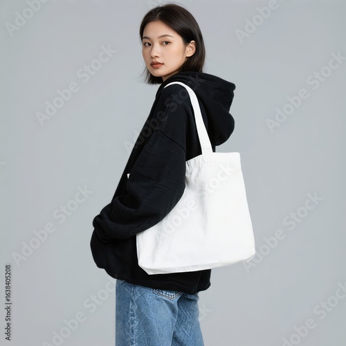 Young Asian Woman in Black Hoodie Carrying White Tote Bag