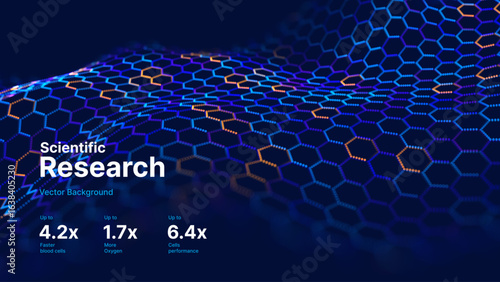 Abstract Digital Blue Hexagons Pattern Business or Science Research Background. Graphene Technology Science 3D Background. Nanotechnology Honeycomb Lattice Nanostructure. Vector Illustration.