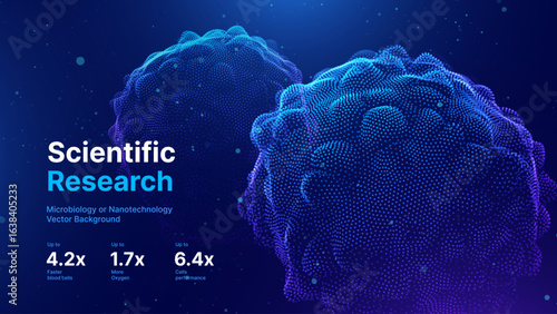 Biology Cell Scientific Medical Research Background. Science Blue Cells Backdrop with Depth of Field Blur Particles Effect. Futuristic Plant Microbiology. Blue Virus Cells Vector Illustration.