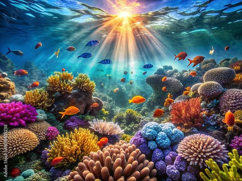 Fototapeta Naklejka Na Ścianę i Meble -  Vibrant coral reef with colorful fish and sunlight rays shining through the ocean water