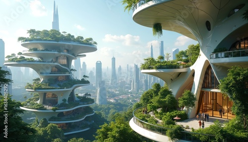 Futuristic urban landscape showcases innovative architecture with green rooftops. Modern sustainable buildings integrate with nature, featuring advanced design, technology in sprawling city skyline.