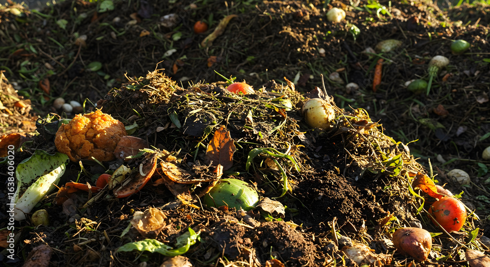 Obraz premium A close-up view of a compost pile, showing various organic materials decomposing.