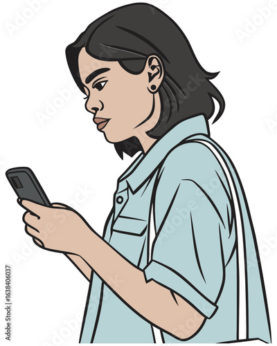 A woman is holding a smartphone. She is wearing a light blue collared shirt, realistic vector
