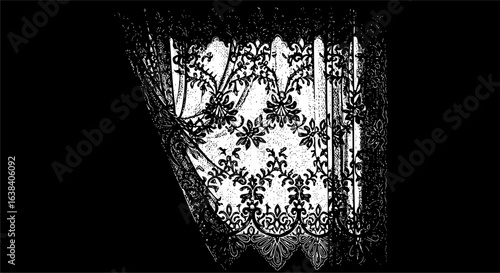 Vintage engraved illustration of a partially open lace curtain for retro design projects
