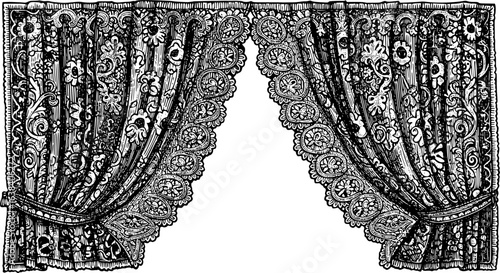 Vintage engraved illustration of a partially open lace curtain for retro design projects
