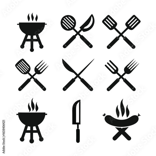 Black barbecue grill icons with cooking utensils and sausages on white background vector