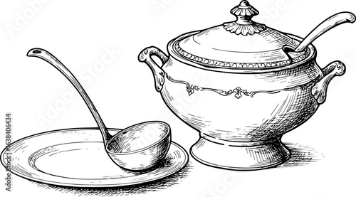 Vintage soup tureen and ladle with porcelain plate sketch for elegant dining design
