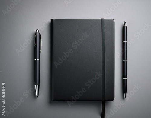 elegant black notebook and pen on light gray background minimalist stationery perfect for mockups and design overlays with ample copy space for text and graphics