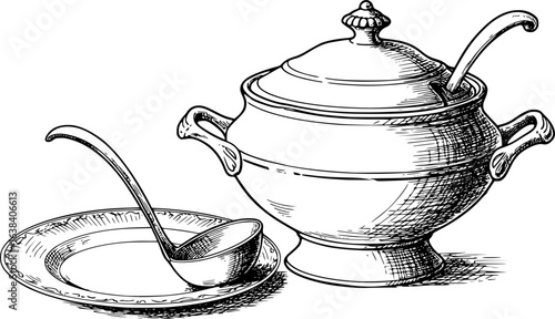 Vintage soup tureen and ladle with porcelain plate sketch for elegant dining design
