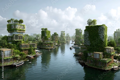 Stunning eco-friendly vertical city concept with lush green architecture and serene waterways, showcasing sustainable urban living.