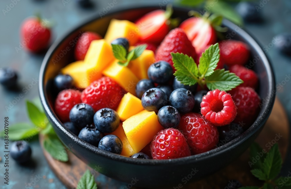 Fresh bowl of vibrant antioxidant-rich fruits promoting wellness, vitality, and heart health. Assortment of strawberries, blueberries, raspberries, and mango promotes healthy eating and balanced diet. Fresh bowl of vibrant antioxidant-rich fruits promoting wellness, vitality, and heart health. Assortment of strawberries, blueberries, raspberries, and mango promotes healthy eating and balanced diet.