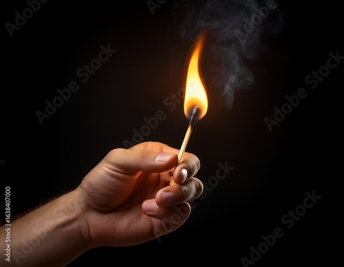 a hand holding a lit matchstick against a black background showcasing a warm flickering flame