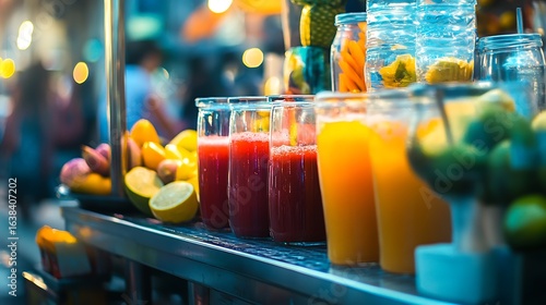 Fresh Fruit Juice Drinks on Display at Outdoor Food Stall