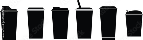 Collection of cup and drink container icons in minimalist black silhouette style, including coffee mugs, take-out cups, and cups with lids and straws, isolated on white background.