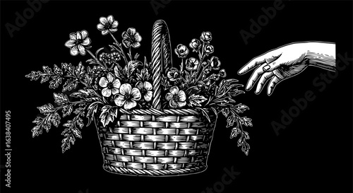 Vintage engraving of basket with plants and outstretched hand illustration
