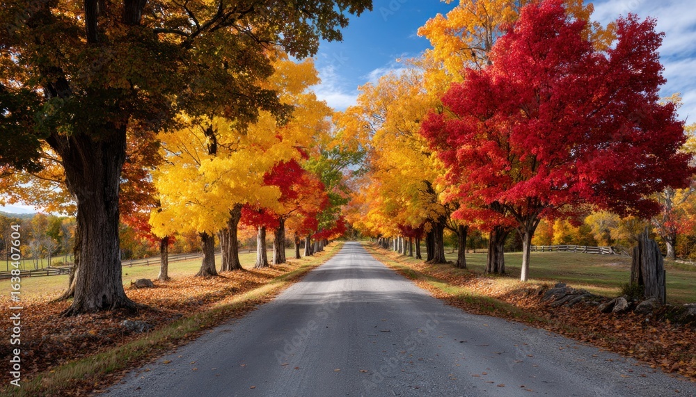 Scenic country road winding through vibrant autumn trees Scenic country road winding through vibrant autumn trees