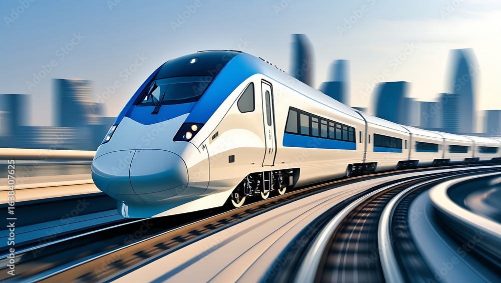 Fototapeta premium Modern high speed train speeds through cityscape on curved tracks