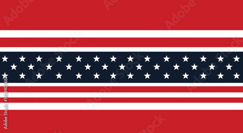 Stylized patriotic banner with bold red and white stripes, a central blue band of stars, a modern symbol of nationhood.