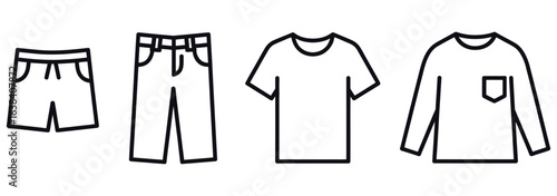 WebVector art of four articles of clothing isolated on white background, including shorts, jeans, a tshirt, and a longsleeved shirt, representing a variety of styles and seasons