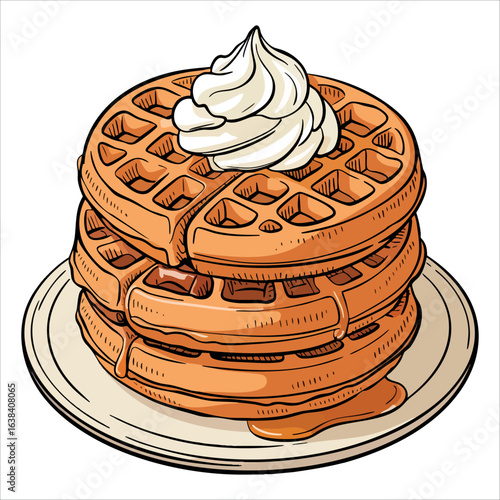 Square waffle icon representing fresh pastries perfect for breakfast or snack with tea and coffee. Flat vector illustration ideal for bakery and food designs.