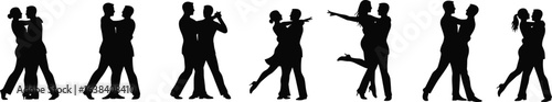 Silhouettes of couples dancing closely in romantic and elegant ballroom dance poses, partner dancing vector illustration for creative, artistic, and social dance design projects