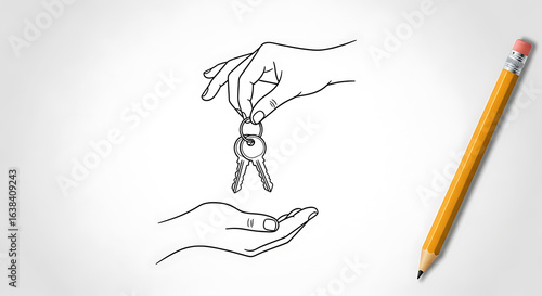 Photo of handing over keys in a line drawing, symbolizing property transfer and new ownership isolated on white background