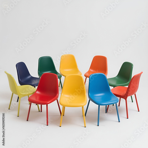 A vibrant arrangement of colorful chairs in various bright hues.