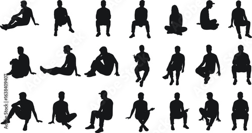 Silhouettes of men sitting in different casual poses and relaxed postures, various angles and styles, vector illustration for creative and design projects