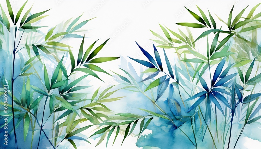 Fototapeta premium vibrant blue and green bamboo leaves painted in a watercolor style against a white background
