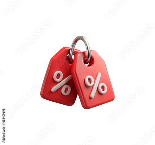 Close-Up Studio Shot of Two Red Rectangular Price 3D Tags with White Percentage Symbols Linked by Silver Keyring – Discount and Sale Icon on White Background